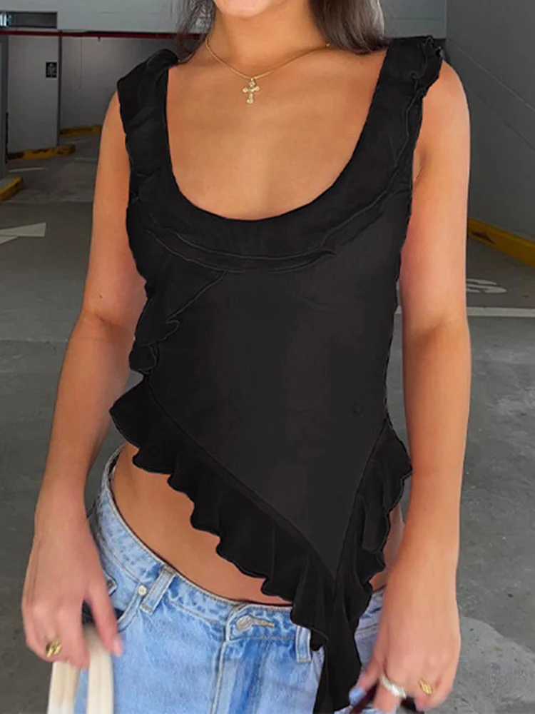 Fashion O-neck Sleeveless Tank Top Sexy Ruffles Backless Irregular Crop Tops