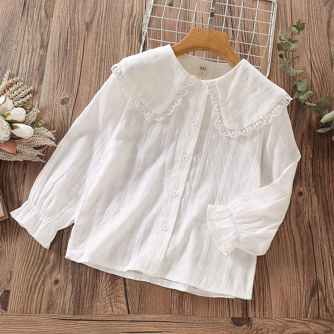 Girls White Blouses School Uniform Spring Lace Long Sleeve Cotton Baby Shirts Kids Clothes Toddler Children Tops 3 4 5 6 8 Years