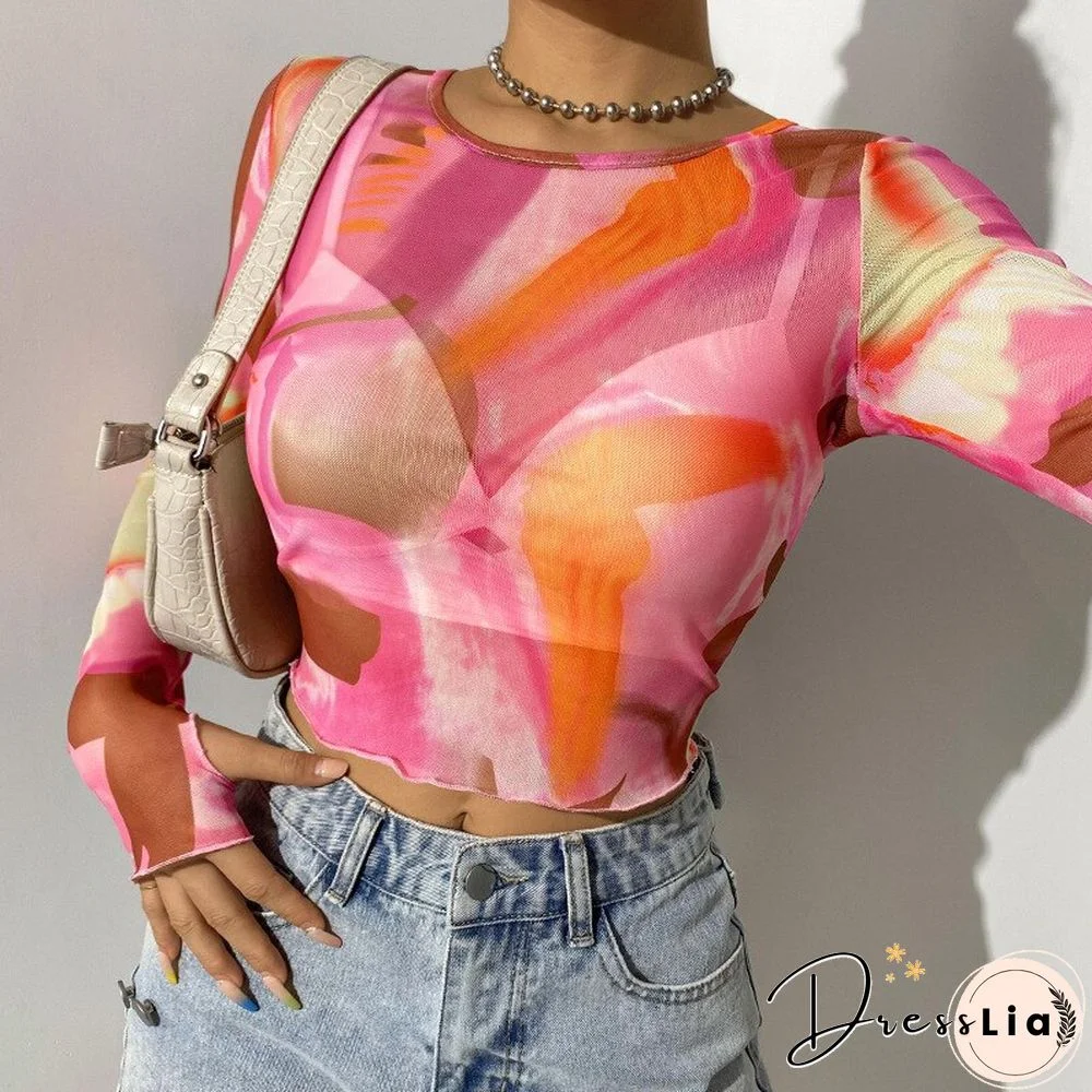 Autumn Print Mesh Top O Neck Long Sleeve Basic T Shirt Harajuku Vintage Retro Punk Style Clothes Aesthetic Streetwear Y2K