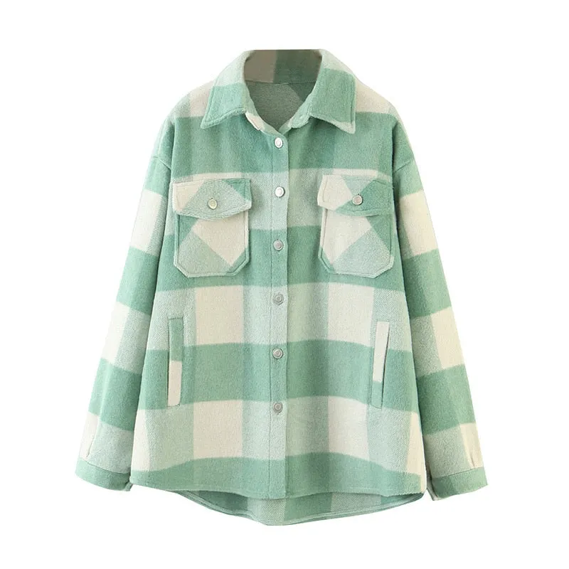 Aachoae Loose Casual Wool Plaid Jacket Women Turn Down Collar Fashion Coat With Pockets Autumn Long Sleeve Ladies Jackets Coats