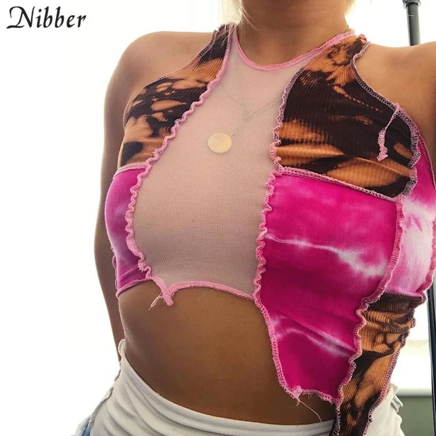Nibber Fashion tie-dye Patchwork Sleeveless Mesh sexy Tank Top Women Asymmetrical see-through clubwear Print skinny Crop Tops