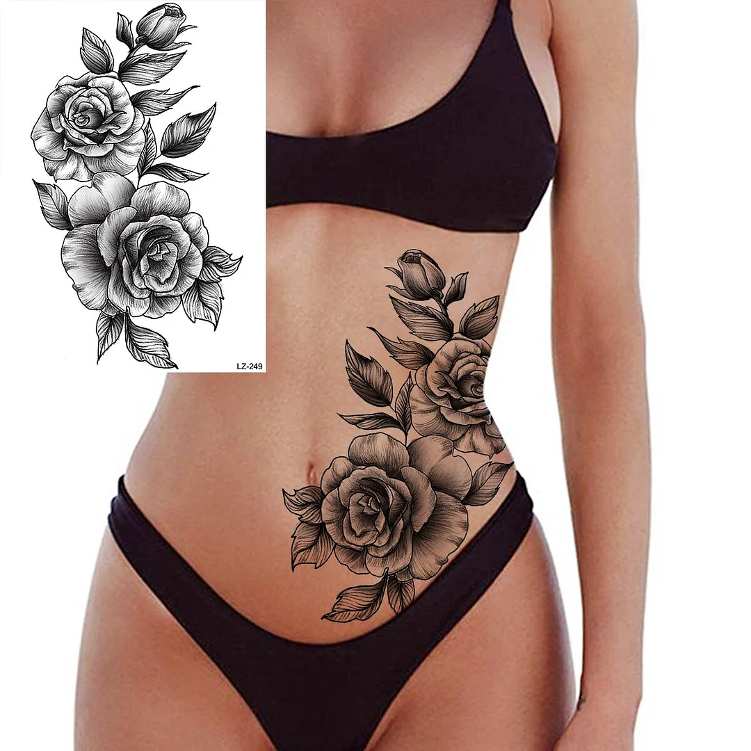 Sdrawing Large Rose FLower Temporary Tattoos For Women Adults Henna Skull Compass Snake Flower Fake Tattoo Sticker Leg Tatoos Thigh