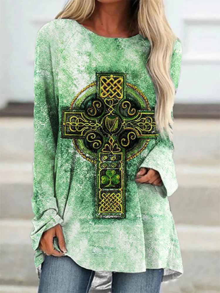Vintage Irish Celtic Cross Print A Line T Shirt