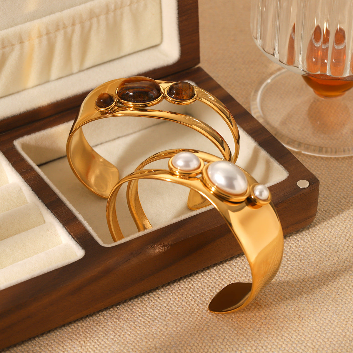 Stainless Steel Hollow Pearl Bracelet Natural Tiger Eye Stone Open Bracelet Retro Titanium Steel Jewelry