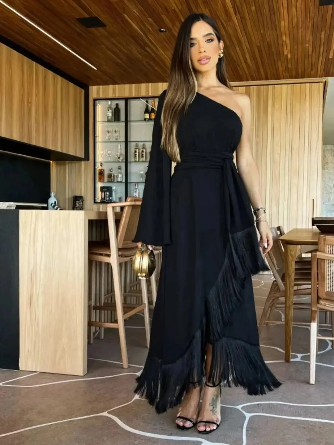 Huiketi New Solid Women's One-Shoulder Sexy Lady Long Skirt Slit Ruffled Tassel Swing Evening Dress
