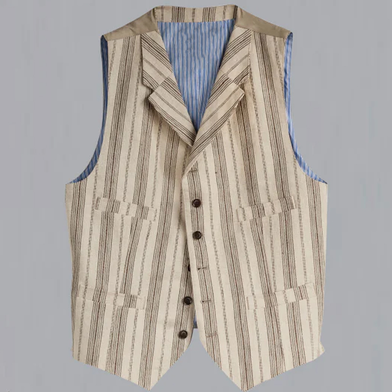 Mens Striped Linen Dark Brown Ivory Button Vest