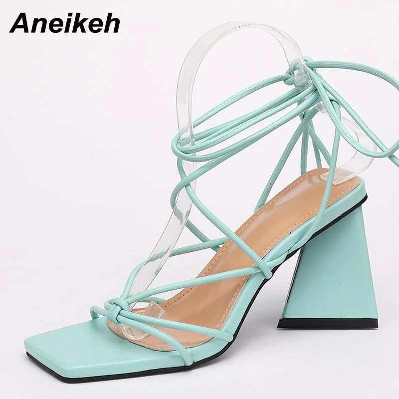 Aneikeh 2022 Fashion Solid Square Open Toe Summer Sandals PU Ankle Cross-Tied Mid Heel Women Shoes Concise 35-42 Zapatos Mujer
