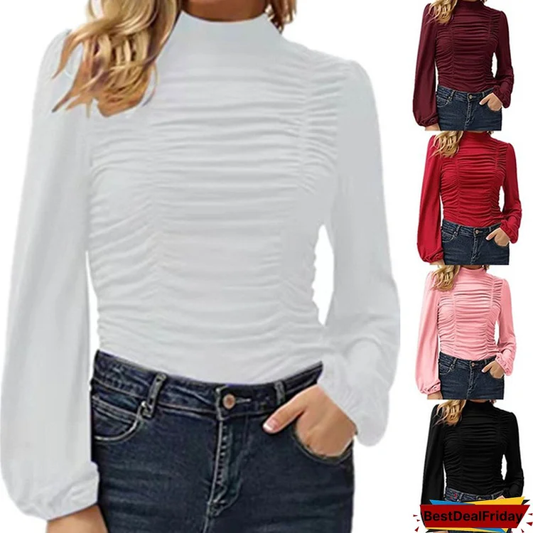 Spring Autumn Women's Top Solid Color Long Sleeve Ruffle T-shirt