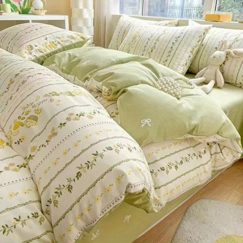 Aonga Green Floral Bedding Set Ins Fashion Twin Full Queen Size Duvet Cover No Filler Flat Sheet Pillowcase Girl Home Totel Bed Linens aonga
