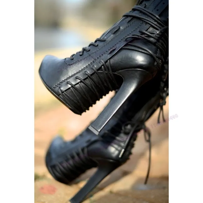 VCSHOES Black Matte Leather Cross Tied Ankle Boots Pointed Toe Shoes For Women Thin High Heels Lady Shoes Zapatos Para Mujere