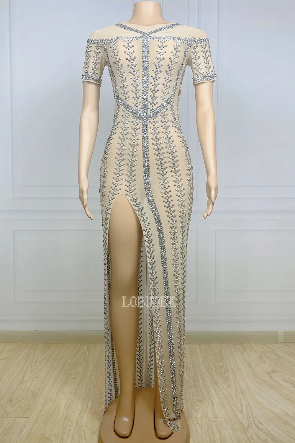 VCSHOES Model Celebrity Singer Transparent Rhinestones Long Dress Short Sleeve Slit Elastic Mesh Dress Birthday Party Costume