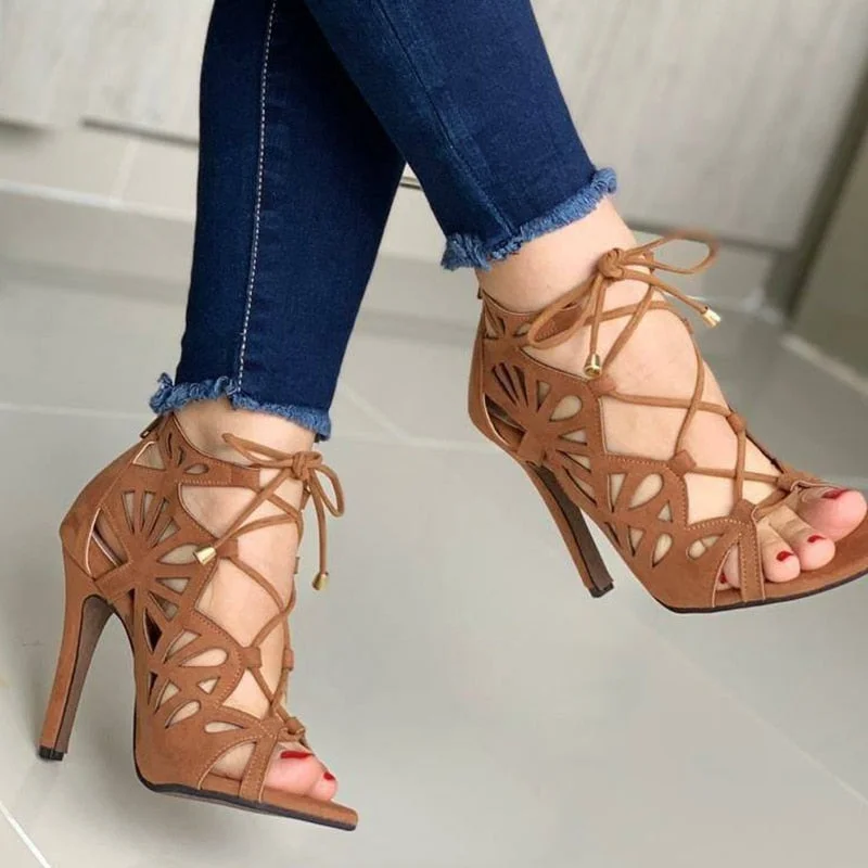 2021 Fashion Women High Heels Sandals Pumps Sexy Hollow Lace-Up Cross-Tied Females Summer Sandals Peep Toe Party Shoes Women