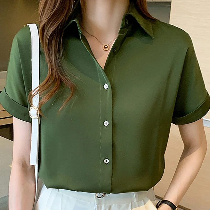 Blouses Summer Short Sleeve Blouse Women Blusas Mujer De Moda 2021 Verano Turn Down Collar Chiffon Blouse Shirt Women Tops E704