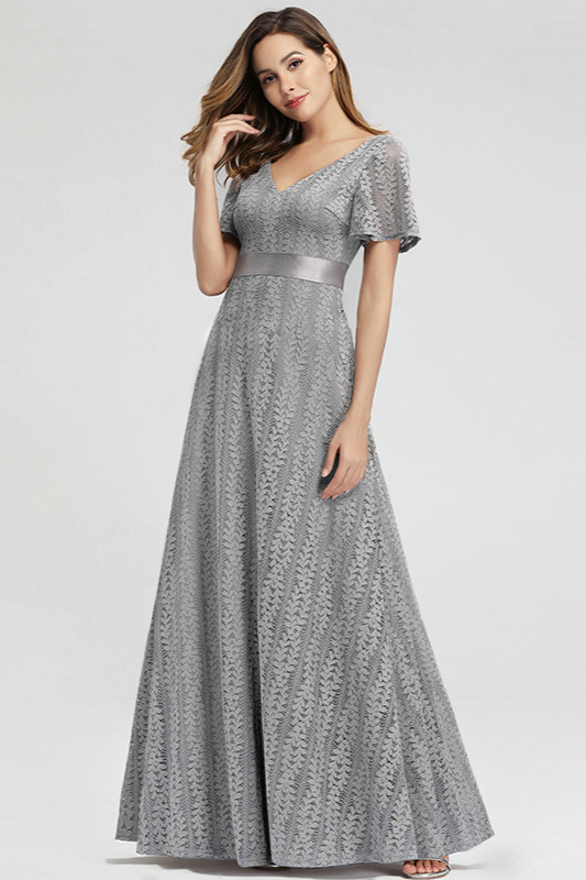 Grey Short Sleeve Lace Long Prom Dress Online