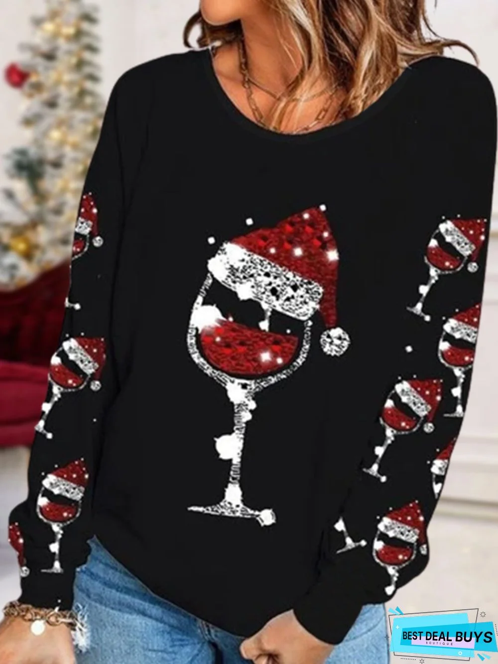 Christmas Long sleeve Crew Neck Casual Jersey Loose T-Shirt