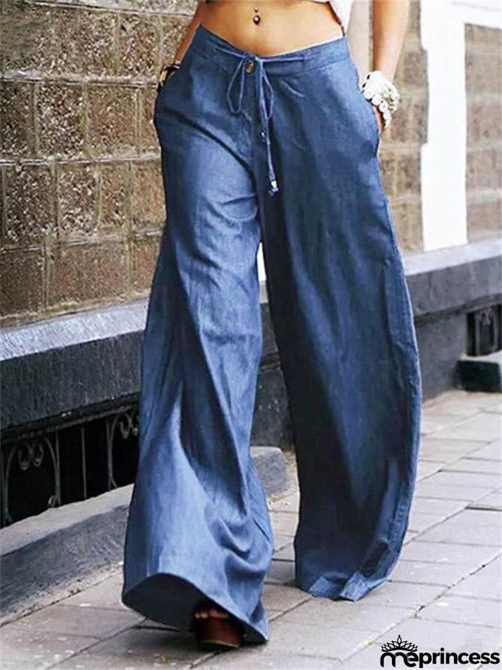 Plus Size Lace-up High Waist Wide Leg Women's Pants