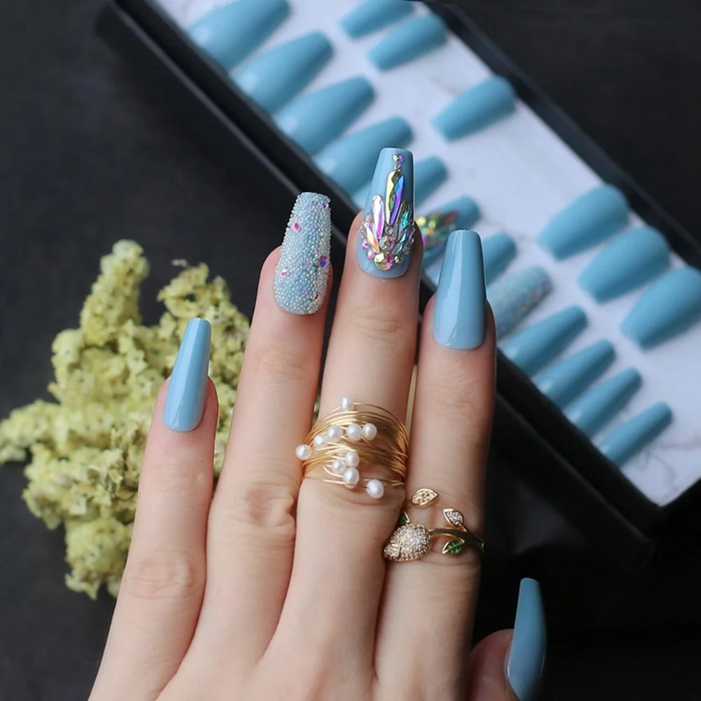 Sky blue fake nails summer nail crystal sparkling coffin Acrylic nails diamond Luxurious caviar-Nail Inspo