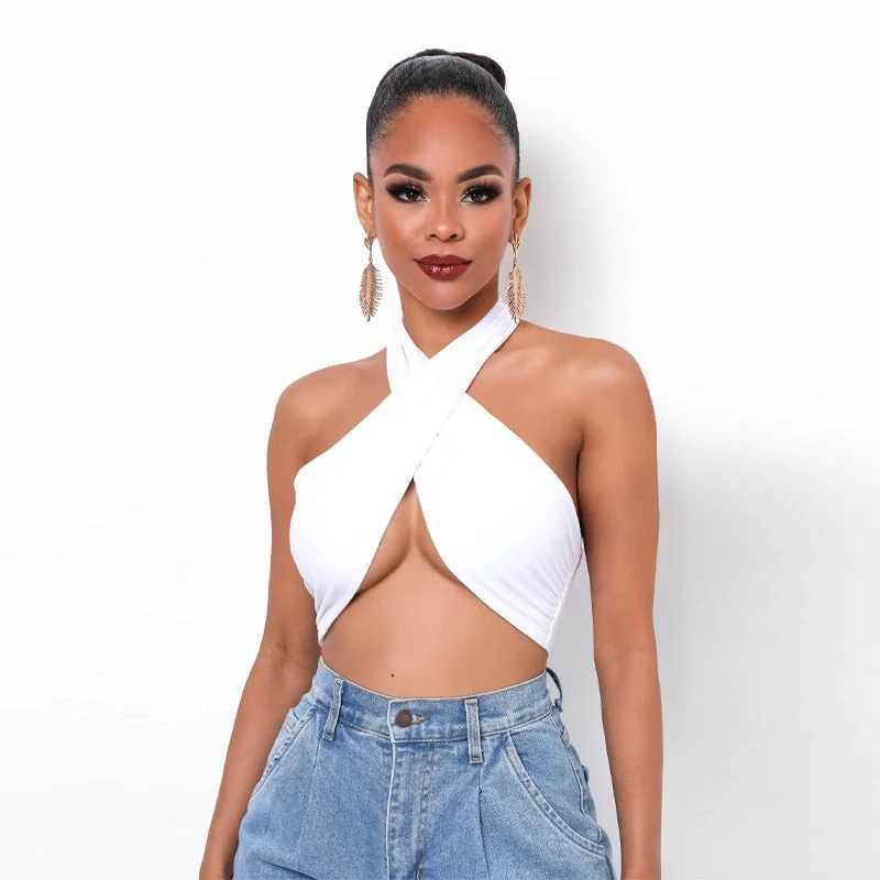 Cryptographic Sleeveless Backless Halter Cross Crop Tops Women Summer Chic Fashion Club Party Sexy Bandage Tie Top Cropped Solid