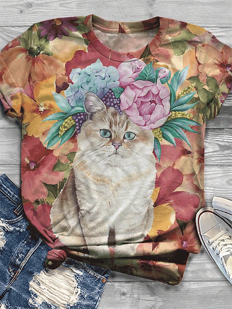 Lovely kitty And Flower Print T Shirt