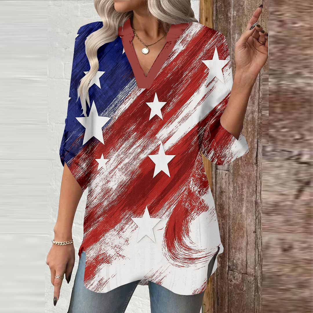Women  Independence Day, Star, Striped, Blue, Red DZGA0249 3/4 Sleeve V-neck Printed Graphic Button Tops