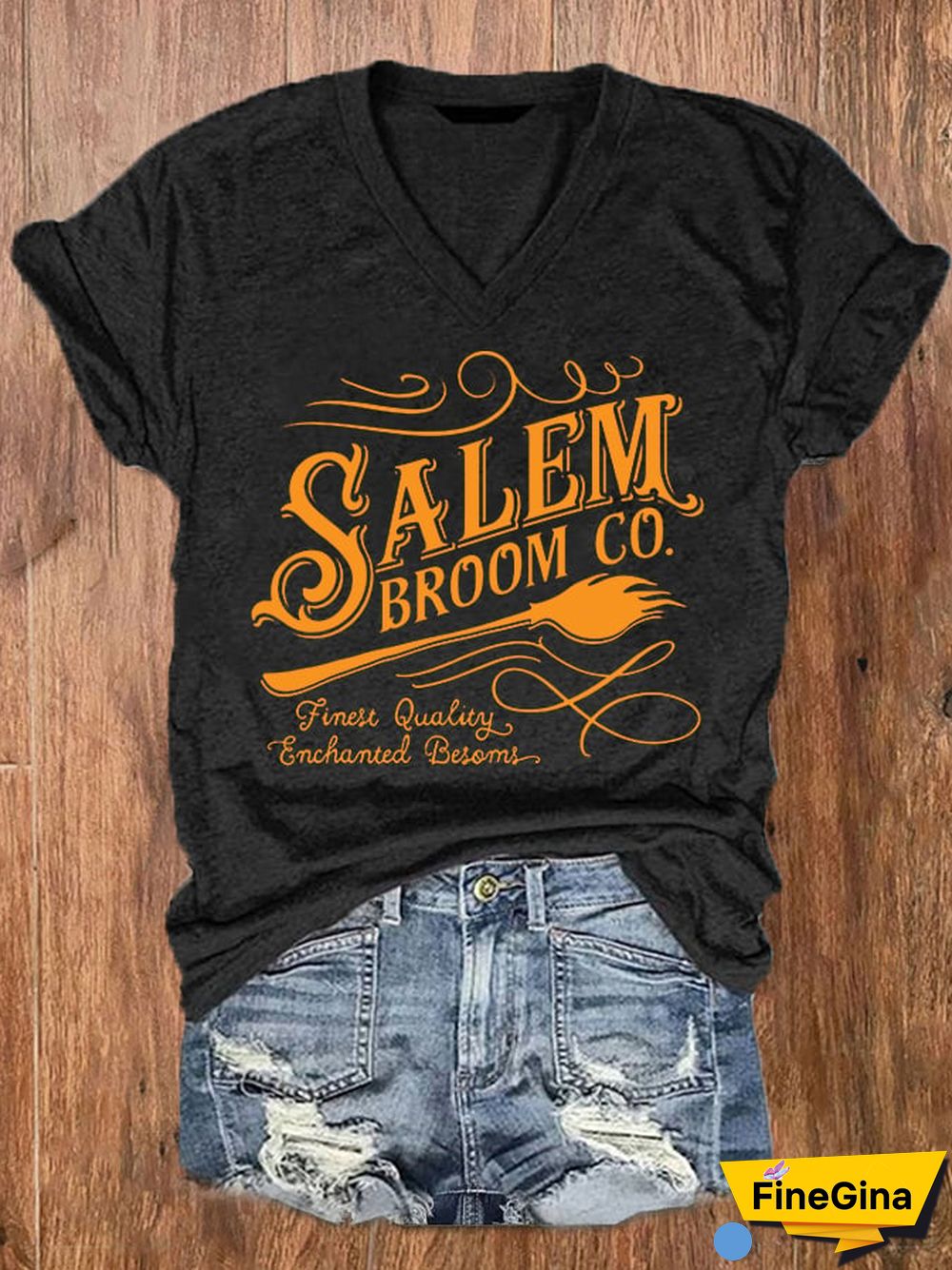 Women's Halloween Salem Broom Co. Casual V-Neck Tee