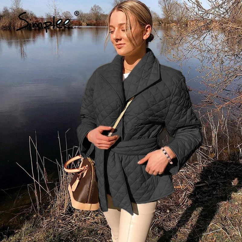 Simplee Long straight winter coat with rhombus pattern Casual sashes women parkas Deep pockets tailored collar stylish outerwear