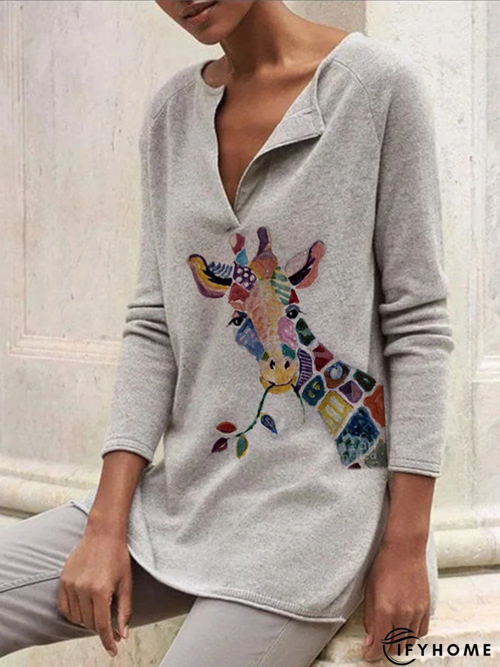 Personalized Basic Regular Giraffe Print Long Sleeve Tunic Sweatshirt | IFYHOME