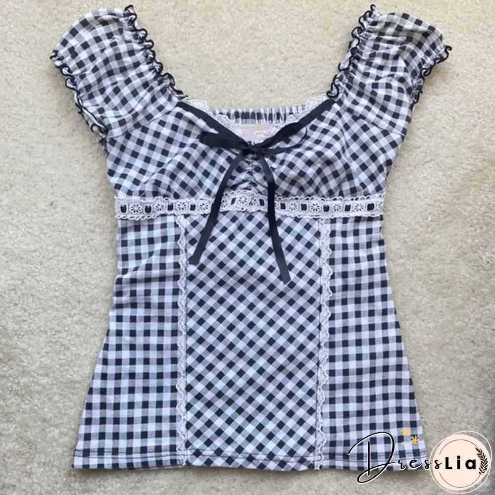 Kawaii Plaid T-Shirts Lace Crop Top Short Sleeve Slim Tees Y2k Fairycore Grunge Harajuku