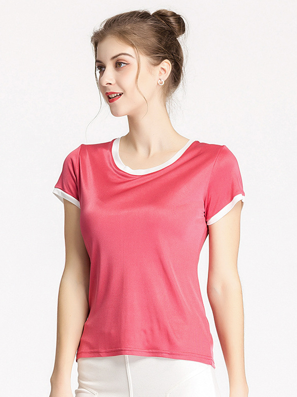 T-Shirt aus Seide Damen Rundhals Kontrast Top