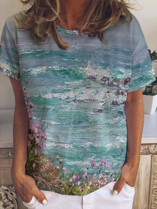 Abstract Floral And Landscape Print Women's Short Sleeve T-Shirt