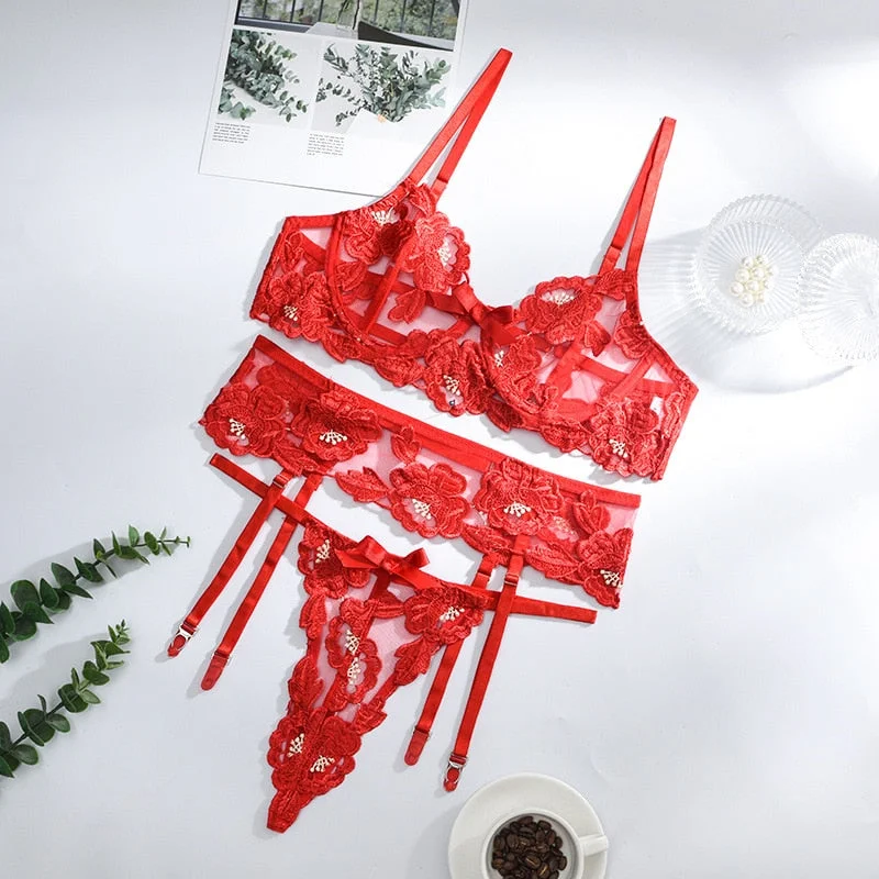 Yimunancy 3-Piece Floral Embroidery Lace Bra Set with Underwire Women Thong Underwear Set Ladies Red Sexy Lingerie Set