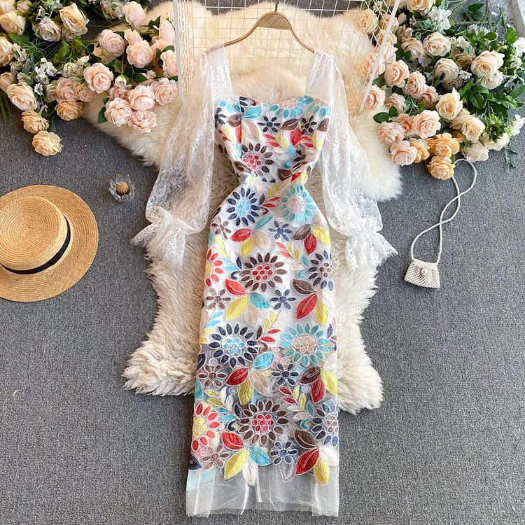 Vintage Dress, Luditu Midi Dress, Party Dress, Embroidered Dress, Magnolia in White