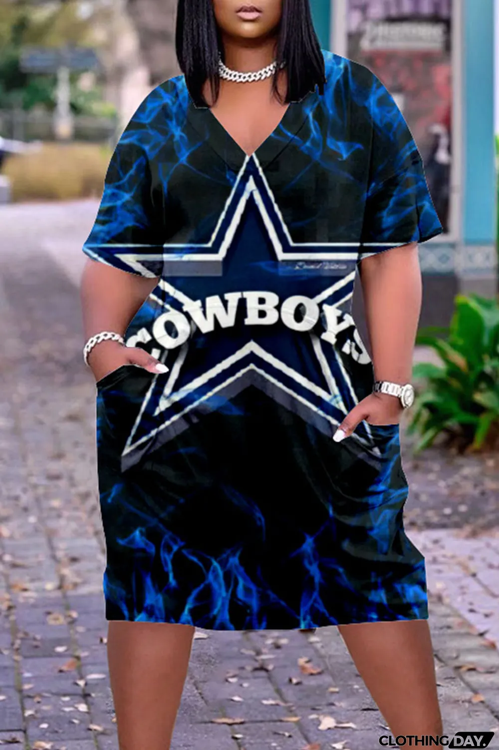 Blue White Casual Print Patchwork V Neck Straight Dresses