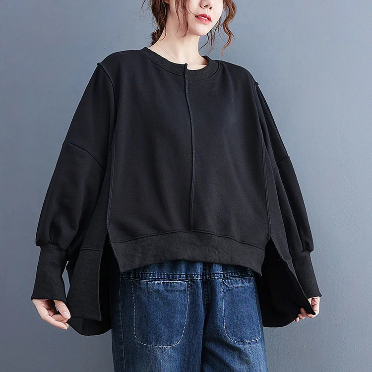 Asymmetric Solid Color Round Neck Long Sleeve Sweater