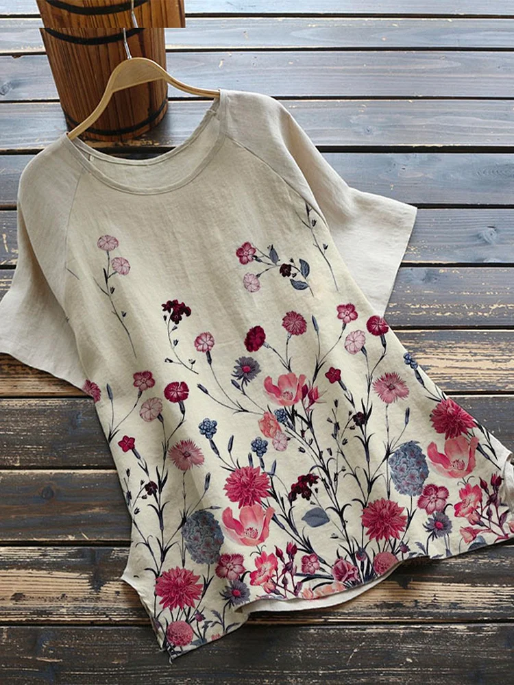Bestdealfriday Khaki Pastoral Floral Cotton Blend Shirts Tops 8828546