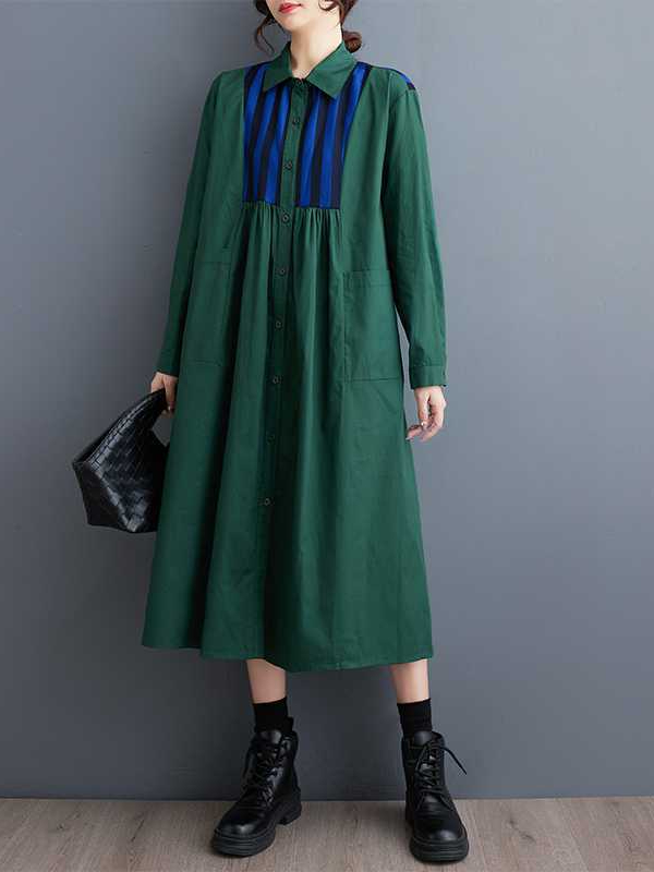 Classic Splicing Long Sleeve Midi Dress