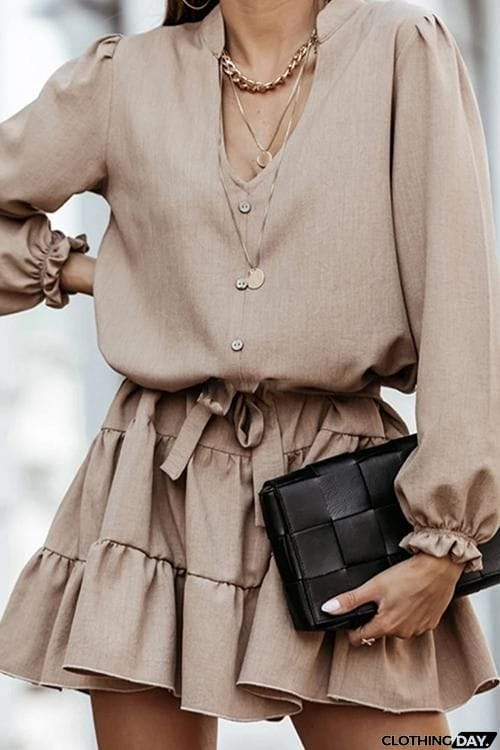 Button Layer Ruffles Long Sleeve Mini Dress