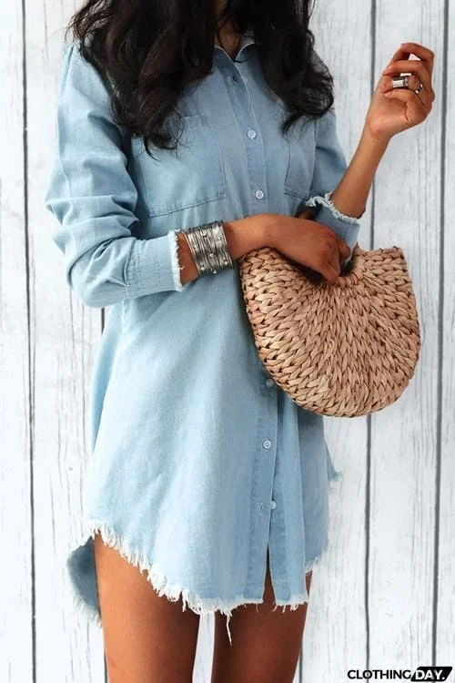 Pocket Long Sleeve Denim Mini Dress