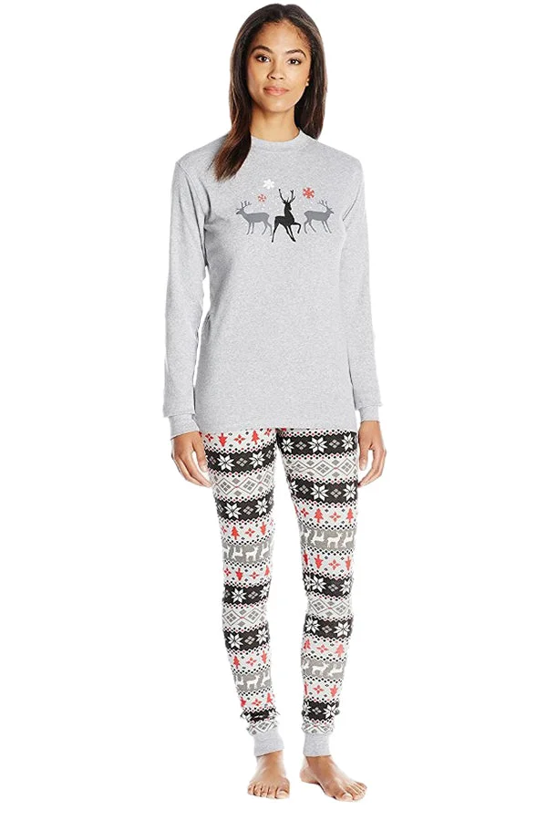 Womens Crew Neck Reindeer Snowflake Printed Christmas Pajama Set Gray-elleschic