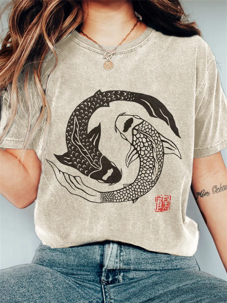 Carp Fish Contrast Japanese Lino Art Vintage T Shirt