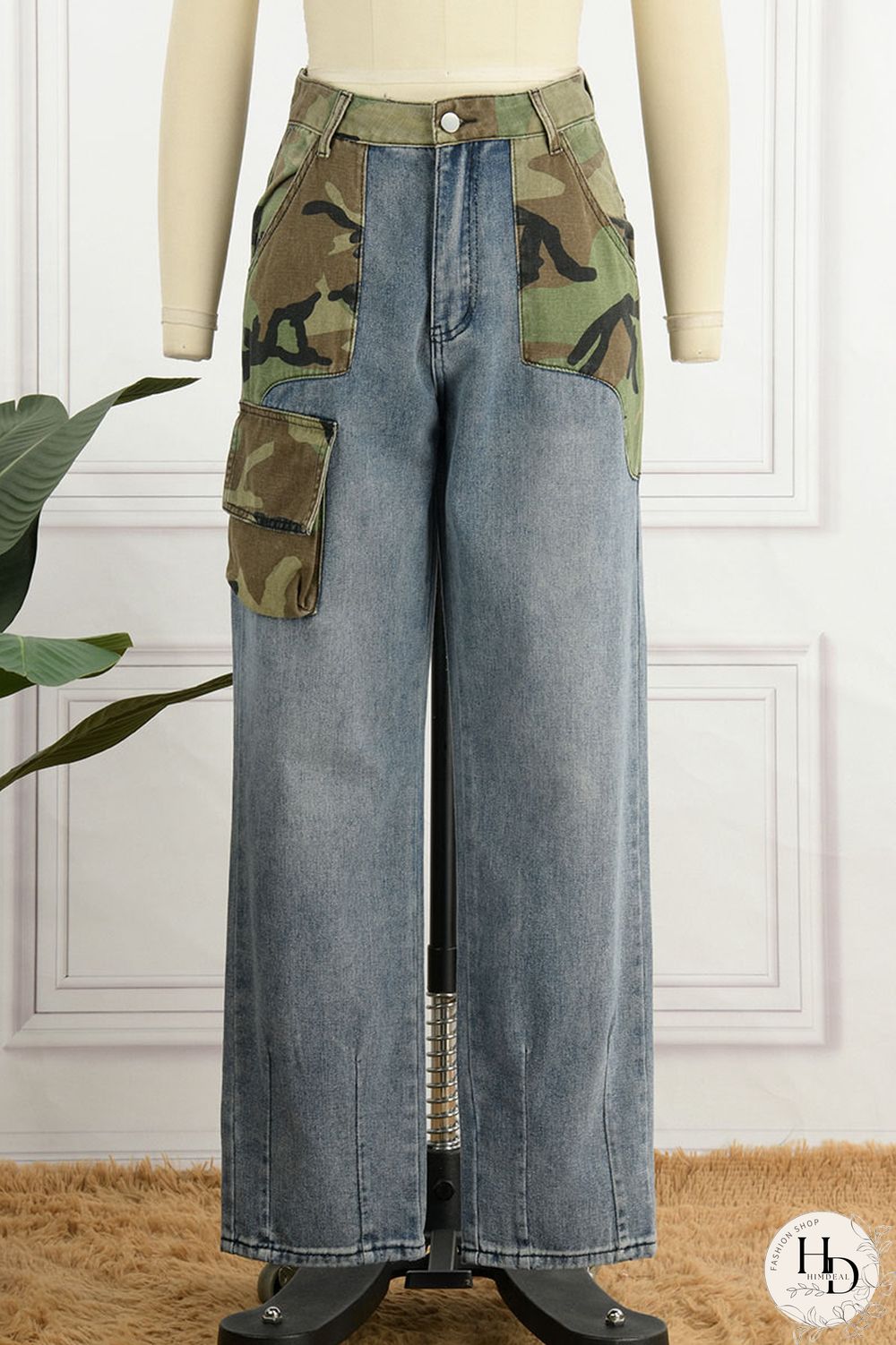 Blue Street Print Camouflage Print Patchwork High Waist Loose Denim Jeans