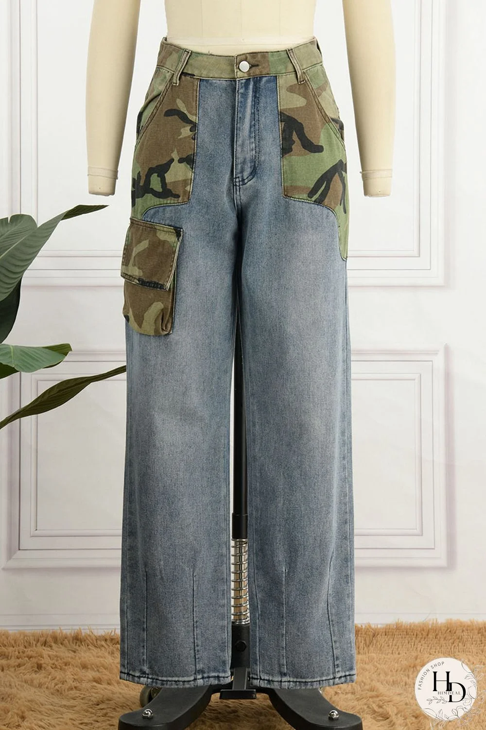 Blue Street Print Camouflage Print Patchwork High Waist Loose Denim Jeans