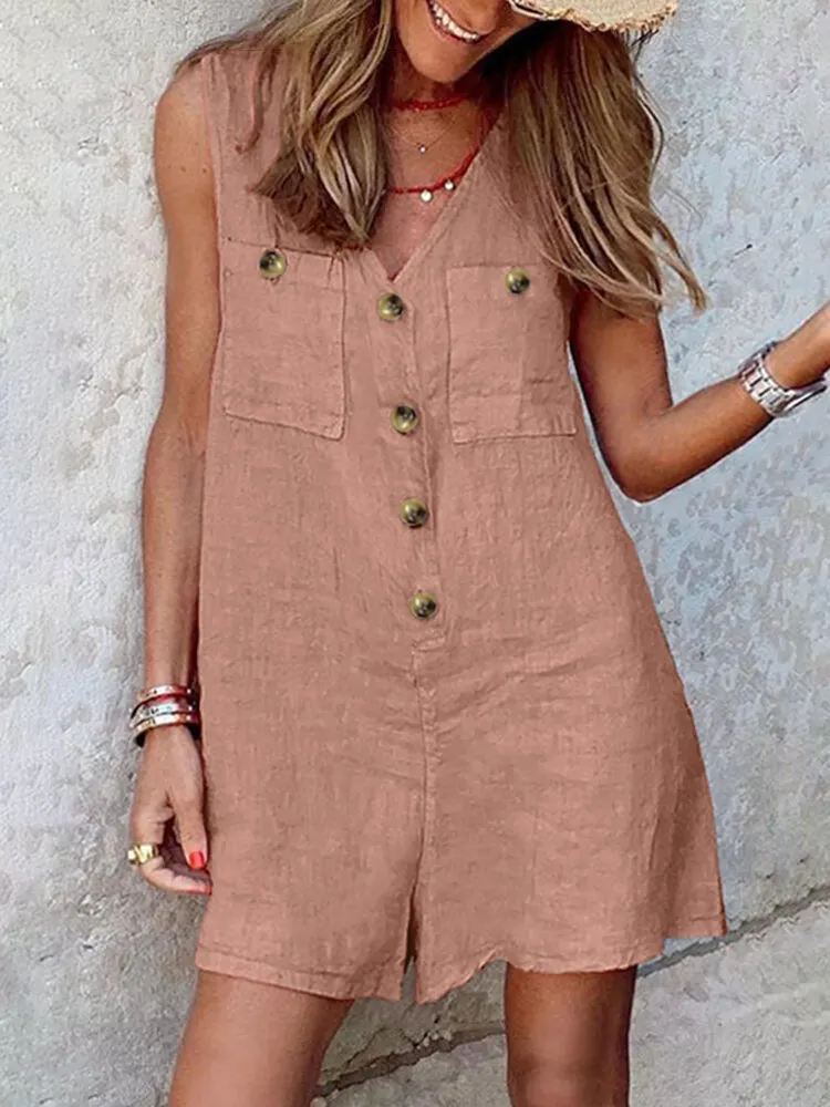 Solid Pocket Button Sleeveless V Neck Casual Romper