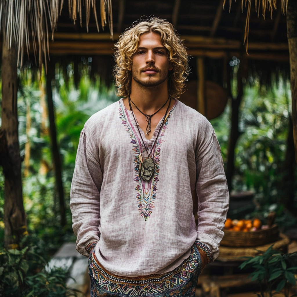 Men's Bohemian Holiday Style Vintage Linen Printed Casual Long Sleeve Top-inspireuse