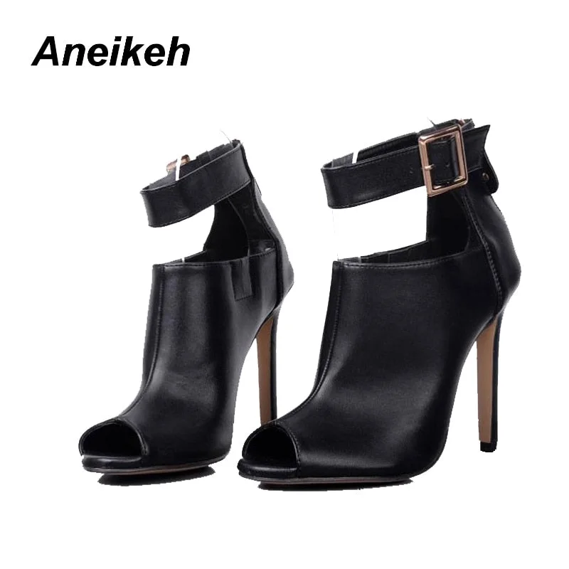 Aneikeh Gladiator Women Pumps Ladies Sexy Buckle Strap Roman High Heels Open Toe Sandals Party Wedding Shoes Size 41 42 Black