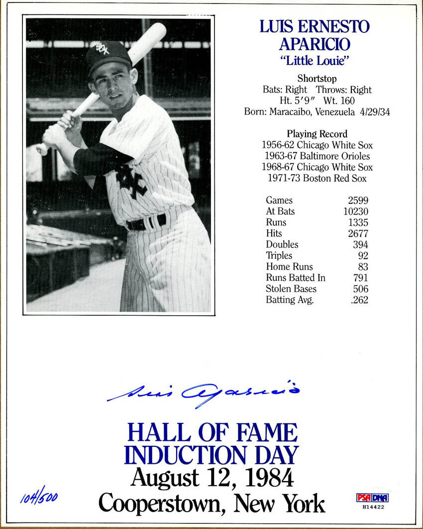 Luis Aparicio SIGNED 8x10 Photo Poster painting HOF Induction Card White Sox PSA/DNA AUTOGRAPHED