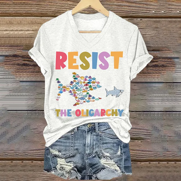 VChics Women's Resist The Oligarchy Funny Fish Printed T-shirt