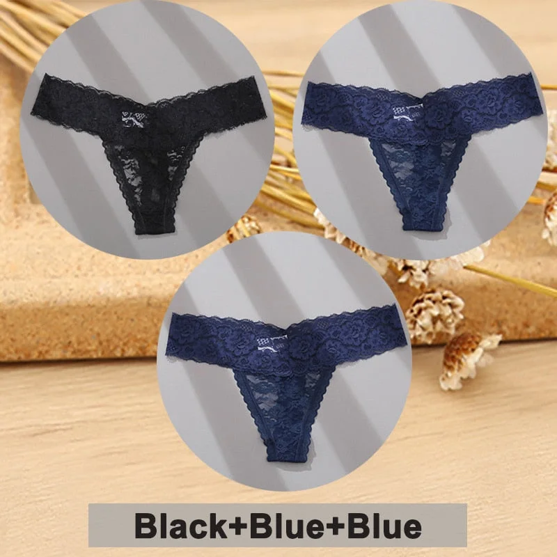 3PCS/Set Lace Panties Full Floral Underwear Women Panties Underpants Sexy Briefs Thong Lace G-String Female Lingerie Intimates