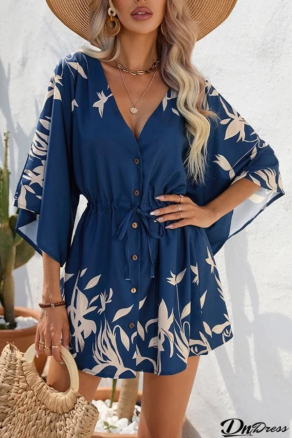 Summer leaf print five quarter sleeve dress