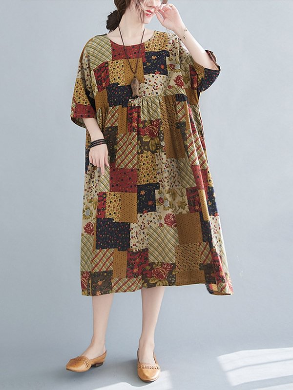 Vintage Loose Plaid Printed Pleated Round-Neck Half Sleeves Midi Dress